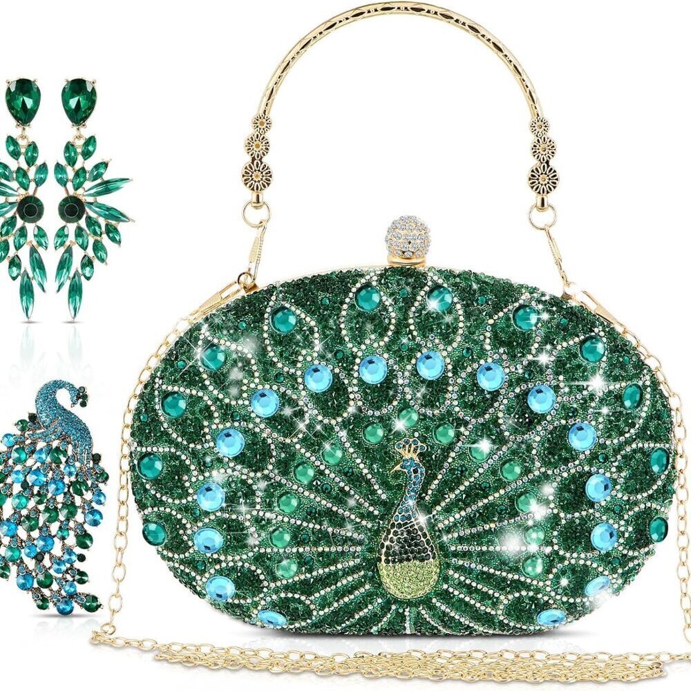 Evening Clutch Set Green Rhinestones Peacocks Earrings Brooch Accessories